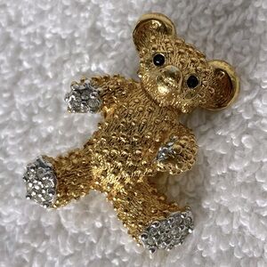 Vintage Gold & Silver Tone Textured Metal Teddy Bear Brooch